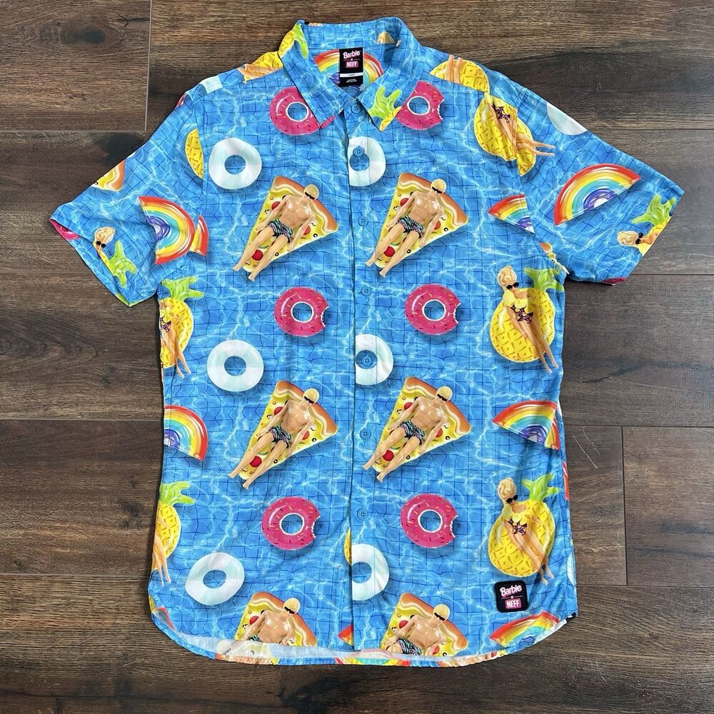 Neff X Barbie Hawaiian Shirt Men’s Size Large Blue Ken Donuts Pizza Rainbows